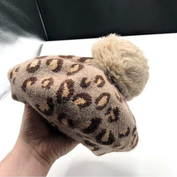 ANTHROPOLOGIE Norla Canda Leopard Print Pom Pom Beret Hat Winter Animal Print main image 5